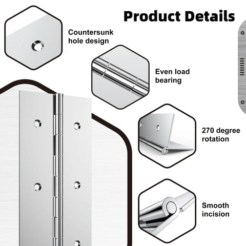 Detailed view of Two Piece Heavy Duty Piano Hinge Set Stainless Steel Continuous Hinges 10 Inch By 2 Inch 0 060 Thick Leaf showing countersunk holes and smooth incisions.
