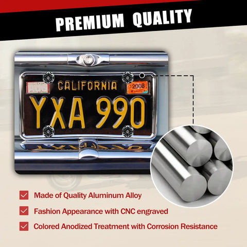 Top Shelf M6 License Plate Screws 12 Piece Kit Slick Black CNC Machined Aluminum Alloy Car Truck Motorcycle fasteners on a license plate.