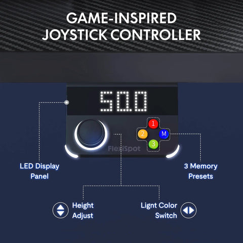 FLEXISPOT E6G CyberX RGB LED Electric Gaming Standing Desk joystick controller with LED display and memory presets.