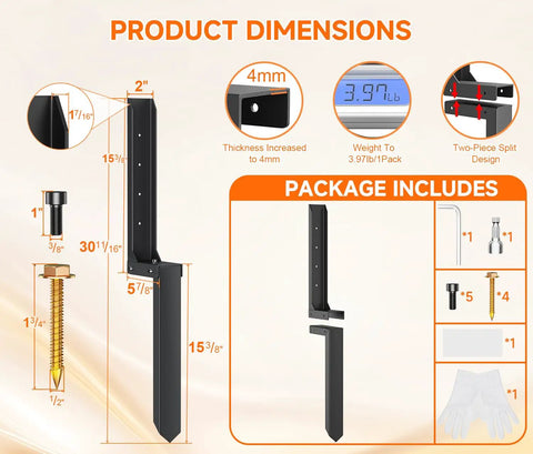 Heavy Duty Black Steel Fence Post Repair Kit For A Slick No Hassle Fix On Broken Or Leaning Wooden Posts Durable Ground Anchor Stake with product dimensions and included hardware.