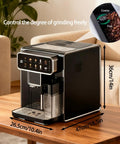 Top Shelf Fully Automatic Espresso Machine With Built In Grinder One Touch Cappuccino Latte Americano Self Cleaning on wooden table.