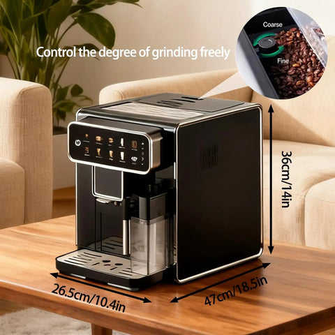 Top Shelf Fully Automatic Espresso Machine With Built In Grinder One Touch Cappuccino Latte Americano Self Cleaning on wooden table.