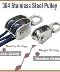 Beefy Stainless M15 Single Pulley Block Set 4 Pack For Lifting And Positioning With 15mm Wheel Diameter 6.6mm Groove 11mm Swivel Ring 4mm Plate And 63mm Total Length 45g Each For Wire Rope Crane With Swivel Hook Head, stainless pulley set