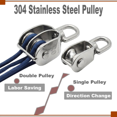 Beefy Stainless M15 Single Pulley Block Set 4 Pack For Lifting And Positioning With 15mm Wheel Diameter 6.6mm Groove 11mm Swivel Ring 4mm Plate And 63mm Total Length 45g Each For Wire Rope Crane With Swivel Hook Head, stainless pulley set