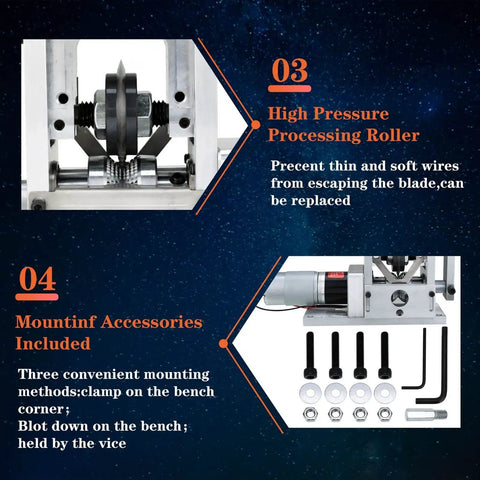 Heavy Duty Wire Stripper With Hand Crank For Manual Or Drill Auto Peeling featuring high pressure processing roller and accessories.