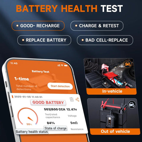 BT60 Bluetooth Battery Tester For 12V Vehicles 100 To 2000 CCA Load Tester With Wireless App Control IOS Pro Grade Smart Diagnostic Tool For Quick Daily Battery Checks, app screen and car battery test