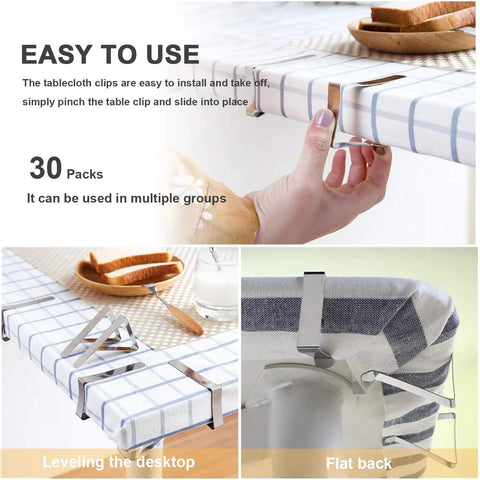 Person using 30 Packs Tablecloth Clips For Outdoor Tables, Stainless Steel Tablecloth Holder Clips That Grip Tight And Lay Flat
