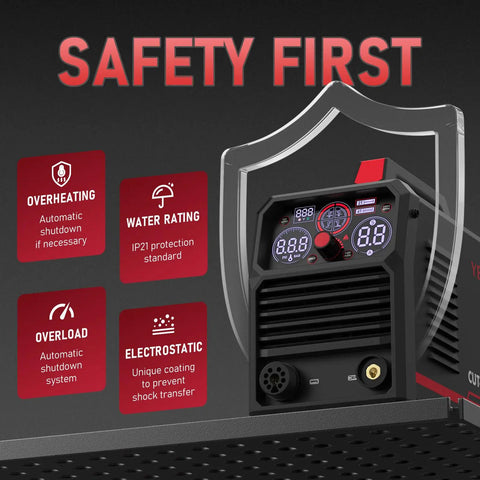 Safety features highlighted on Four-In-One Plasma Cutter 60Amp Dual Voltage 110V 220V Non High Frequency Non Touch Pilot Arc Tool
