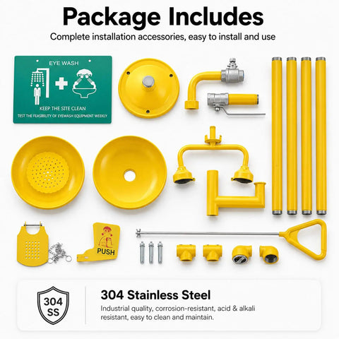 Industrial Grade Emergency Shower And Eyewash Station in 304 Stainless Steel parts including eyewash bowl and sign, yellow