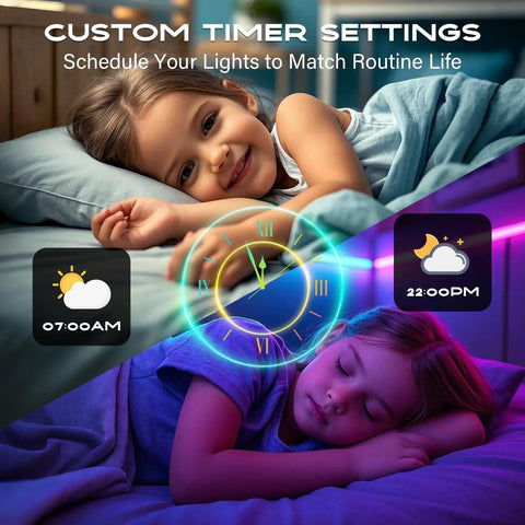 100ft USB Powered RGB LED Strip Lights For Bedroom TV Backlight And Gaming Setup Color Changing Mood Lighting With Music Sync Bluetooth IR Remote And App Control shown in timer setting scene with child sleeping.