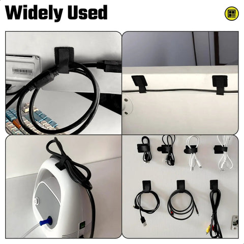 Adjustable Reusable Cable Management Kit 40 Pcs Pro Grade With 3 Inch Straps used for organizing cables on desk and devices.