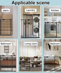 Triple Lock Baby Gate Extra Wide 31 To 35 Inches Pressure Mounted shown in different home areas like stairs, laundry, and kitchen.