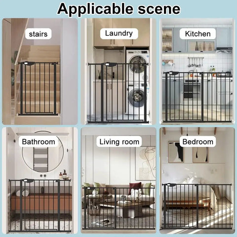 Triple Lock Baby Gate, Extra Wide 44.5 To 48 Inch, Pressure Mounted Swing Safety Gate shown in various home settings like stairs, kitchen.