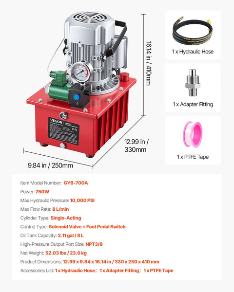 Electric Hydraulic Pump Power Pack 750W 10000 PSI 120V Single Acting Solenoid Valve With Pedal Switch 2.1 Gal 8L Reservoir