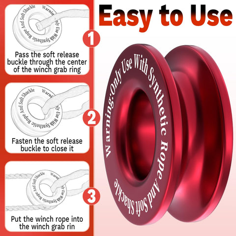 Heavy Duty Winch Snatch Recovery Ring 66,000 Lbs Break Strength Snatch Block Ring For Soft Shackle And Synthetic Rope Compatible With ATV UTV SUV Truck Off Road Vehicles Red, featuring red ring with instructions for use with synthetic rope and soft shackle.