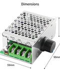 DC Motor Speed Controller PWM Regulator 7 To 70V 30A with dimensions 34x59x90mm visible, aluminum housing and knob detail