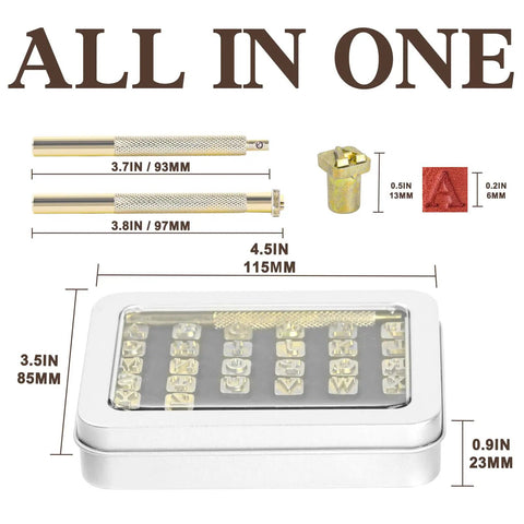 Leather Stamping Kit With 26 Capital Letter Stamps And 1 Stamping Handle For Leather Craft Industrial Grade Alloy Steel Tools Set 6mm Stamps Pro Grade For Personalizing Wallets Belts And More with transparent box and dimensions shown.