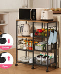 Rolling Kitchen Island Cart On Wheels With Four Tier Shelves And Storage Baskets, Six Removable Hooks, Locking Casters, Espresso Finish