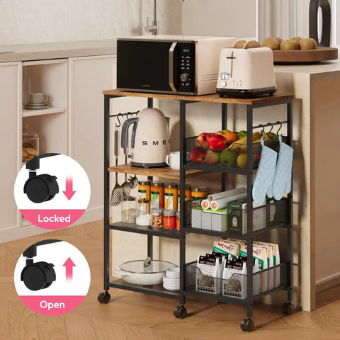 Rolling Kitchen Island Cart On Wheels With Four Tier Shelves And Storage Baskets, Six Removable Hooks, Locking Casters, Espresso Finish