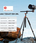 Ultra High 90 Inch Camera Tripod Kit With Flexible Legs And Patent Gimbal, T254A7 Plus BH-28L With DSLR on rocky shore