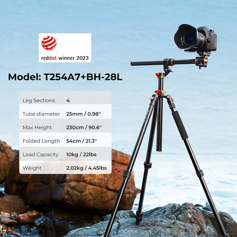 Ultra High 90 Inch Camera Tripod Kit With Flexible Legs And Patent Gimbal, T254A7 Plus BH-28L With DSLR on rocky shore