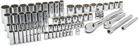 76 Piece Mechanics Tool Set With One Quarter Inch Drive And Three Eighths Inch Drives, 12 Point Standard And Deep Sockets