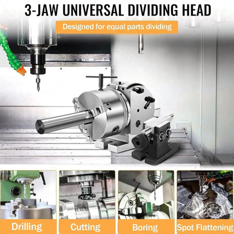Heavy Duty Three Jaw Chuck And Rotary Dividing Head Kit With Tailstock For Cnc Milling, showcasing precision dividing head in CNC machine.