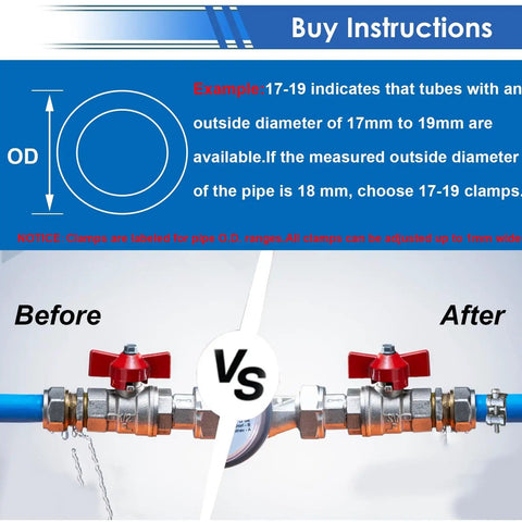 Image showing buy instructions for Heavy Duty T-Bolt Hose Clamps Set 34-Piece Assortment 17-47mm in 304 stainless steel with before and after comparison.