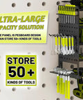 Heavy Duty Five Layer Power Tool Organizer Wall Mount With Eight Drill Holders And Cordless Tool Hanger Storage Rack For Workshop Garage Shed Pegboard Black Finish showing tools stored on pegboard.