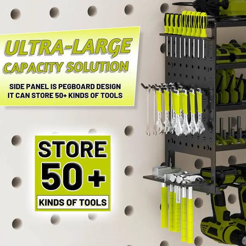Heavy Duty Five Layer Power Tool Organizer Wall Mount With Eight Drill Holders And Cordless Tool Hanger Storage Rack For Workshop Garage Shed Pegboard Black Finish showing tools stored on pegboard.