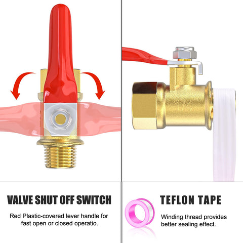 Red valve shut off switch with teflon tape for One Quarter Inch Air Regulator With Gauge, 0-180 PSI Inline Regulator For Air Tools And Pneumatic Systems, Four-Way Valve, Easy Read Dial, Shop-Ready Pro Grade Pressure Control