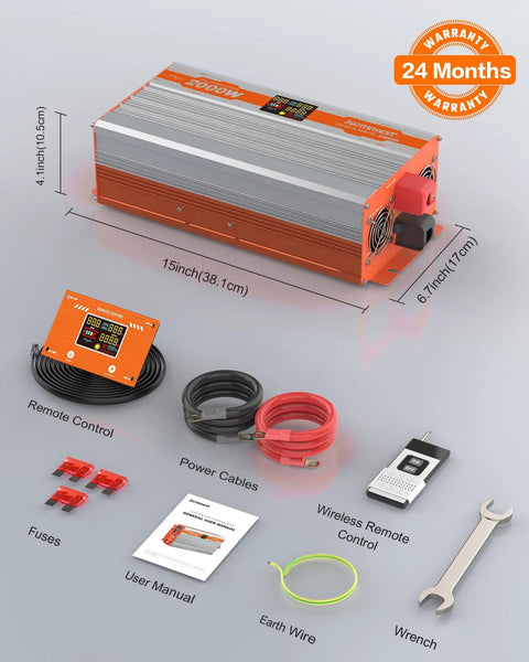Workhorse 2000W Pure Sine Wave Inverter For RVs And Trucks, 12V DC To 120V AC Converter, 4000W Peak, accessories displayed