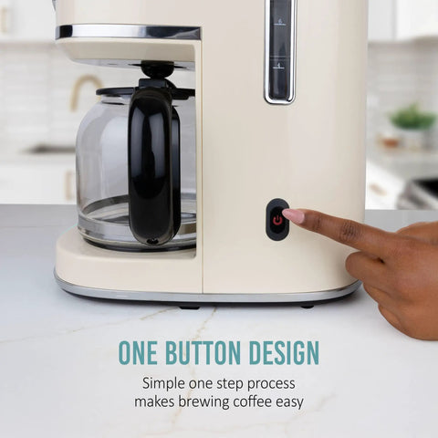 Close-up of Classic Retro 10 Cup Drip Coffee Maker With One Touch Brew Reusable Filter Auto Shutoff, finger pressing button