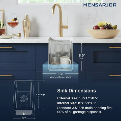 Illustration of an Undermount 10 x 17 Inch Bar Sink, 16 Gauge Single Bowl Handmade Stainless Steel Kitchen Sink For Home Or Bar