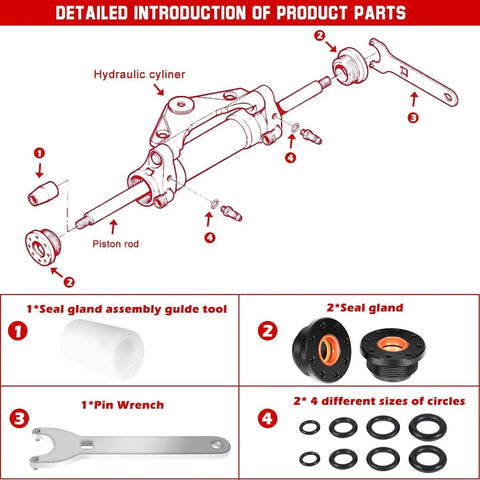 Heavy Duty Hydraulic Steering Seal Kit For Outboard Cylinders With Pin Wrench Fits HC5340 HC5341 HC5342 HC5343 HC5344 HC5345 HC6750 HC6751 HS5157 HS5167 Pro Grade DIY Friendly Quick Repair
