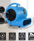 Blue Half HP Carpet Dryer Fan With 2600 CFM Air Blower, ETL Listed, Portable Floor Blower With 15 Ft Cord, Three Speed Settings