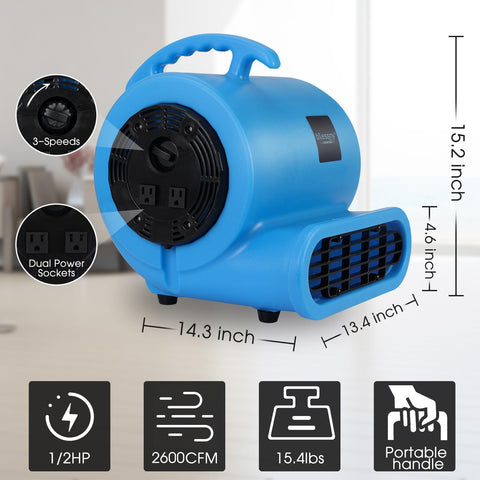 Blue Half HP Carpet Dryer Fan With 2600 CFM Air Blower, ETL Listed, Portable Floor Blower With 15 Ft Cord, Three Speed Settings