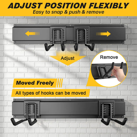 99 Inches Garage Storage Wall Mount Organizer with adjustable metal hooks on a brick wall.