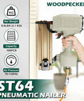 St64 14 Gauge Pneumatic Concrete T Nailer with 400 Concrete T Nails being held, showcasing die-cast aluminum body and design.
