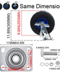 Heavy Duty Swivel Caster Set Featuring Thick Rubber Pneumatic Wheels Designed To Dampen Vibration on Rolling Furniture and Warehouse Carts equipped with reliable side brakes and reinforced steel hubs built like a tank, showing 8 inch rubber tire and mounting plate dimensions.