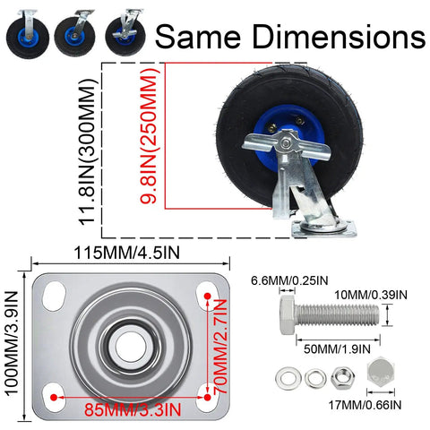 Heavy Duty Swivel Caster Set Featuring Thick Rubber Pneumatic Wheels Designed To Dampen Vibration on Rolling Furniture and Warehouse Carts equipped with reliable side brakes and reinforced steel hubs built like a tank, showing 8 inch rubber tire and mounting plate dimensions.