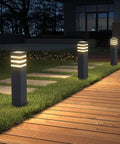 Premium Hardwired E26 Outdoor Pathway Light With Matte Black Finish And Elegant Walkway Lantern illuminating garden path at night.