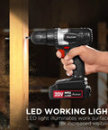 Heavy Duty 20V Cordless Drill And Screwdriver Set With A Smooth 3 8 Inch Chuck, bright LED work lamp in hand drilling wood.