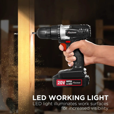 Heavy Duty 20V Cordless Drill And Screwdriver Set With A Smooth 3 8 Inch Chuck, bright LED work lamp in hand drilling wood.