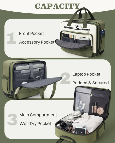 AUROTIER rolling puffer laptop bag, green 16-inch wheeled briefcase with front and laptop pockets