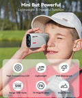 Child using Pocket Size Golf Range Finder With 1200 Yards, Slope Switch, 7X Magnification, IP65 Waterproof, outdoors on golf course.