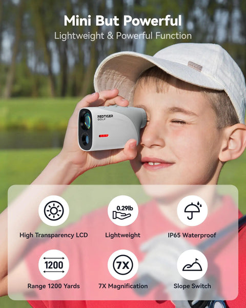 Child using Pocket Size Golf Range Finder With 1200 Yards, Slope Switch, 7X Magnification, IP65 Waterproof, outdoors on golf course.