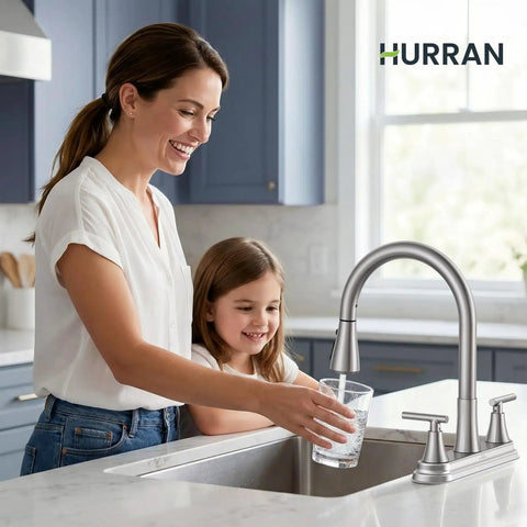 Sharp 8 Inch Two Handle Pull Down Kitchen Faucet With Integrated Soap Dispenser Sleek Brushed Nickel Finish in use at kitchen sink