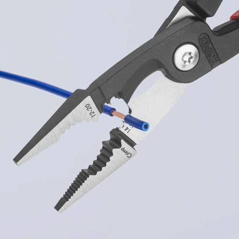 Six In One Electrical Installation Pliers With Comfort Grip Handles cutting and crimping blue cable, close-up view