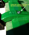 Close-up of green Bucket Tooth Bar for Sub-Compact Tractors 57 Inch Fits Bucket Edges 1/2 Inch No Drilling Required with fastening detail
